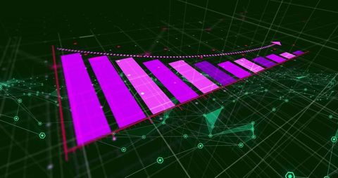 Abstract 3D Bar Chart with Rising Trend and Connected Grid