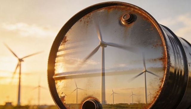 Rusted barrel reflecting wind turbines at sunset conveying renewable energy contrast