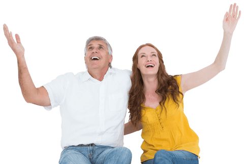 Happy Casual Couple Celebrating with Raised Arms Transparent Background - Download Free Stock Videos Pikwizard.com