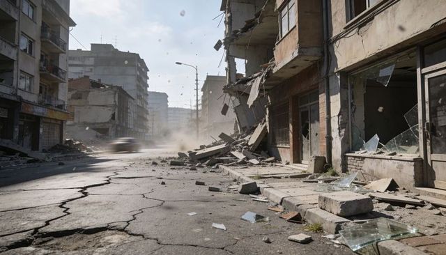 Urban street with collapsing facade, shattered glass, rubble-strewn road and dust cloud