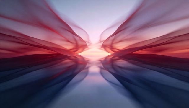 Translucent flowing ribbons converging toward warm sunlit glow with symmetric reflection