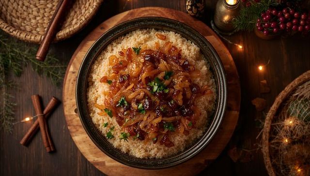 Serving warm couscous topped with caramelized onions and raisins for rustic holiday table