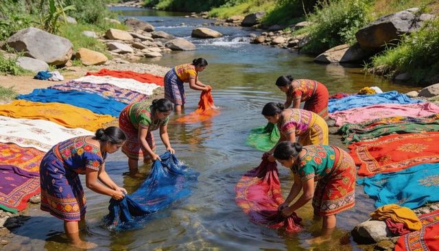 Riverbank laundry ritual: women rinsing and wringing vibrant handwoven textiles together