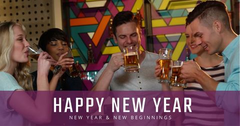 Happy Friends Toasting New Year in Vibrant Bar Celebration