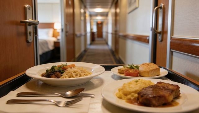 Room service delivering steak, pasta and roll on tray in hotel corridor, warm hospitality