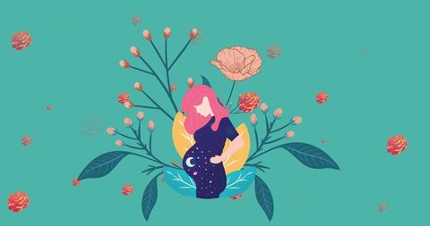 Hypnotic Pregnancy Motif with Floral Elements and Green Background