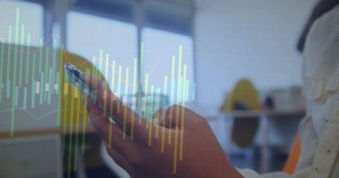 Tapping smartphone viewing candlestick charts for mobile trading and finance analytics