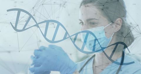 Nurse wearing mask and gloves handling lab sample with dna helix overlay for genomics diagnostics