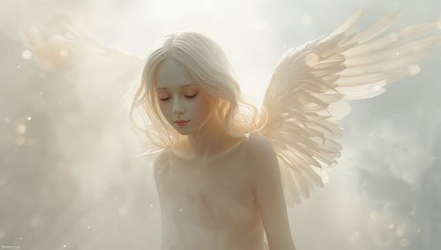 Ethereal angel floating with glowing feathered wings in soft misty golden light, serene