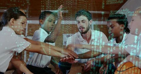 Forming Team Huddle: Youth Basketball Coach Leading Hands Stack with Digital HUD Overlay
