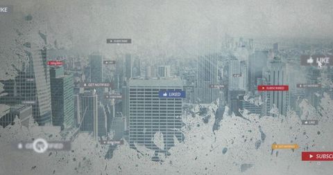 Desaturated city skyline with social icons, notifications and grunge overlay