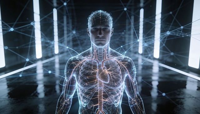 Translucent human digital twin revealing cardiovascular and neural network in futuristic lab