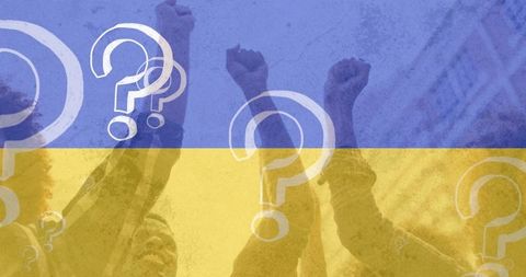 Protests Under Ukraine Flag With Encircling Question Marks