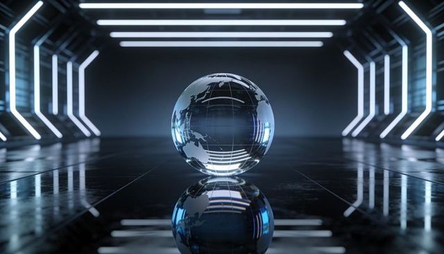 Glass globe reflecting world map inside futuristic led corridor with mirrored floor