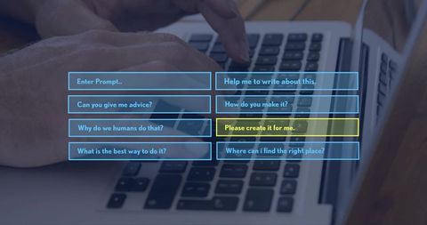 Typing on Laptop with Futuristic UI Overlay Highlighting Prompt Selection