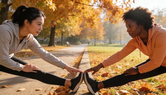 Two women stretching on curb with wearable tracker and ar hamstring overlay in autumn park