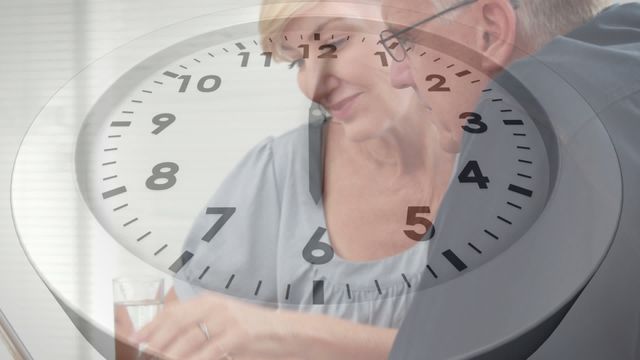 Elderly couple pictured in a calming scene, overlaid with a clock symbolizing passage of time. Reflects serenity, timeless companionship, or endless memories. Can be used in topics about retirement, reflection on life, storytelling of family history or illustrating the calming aspects of aging positively.