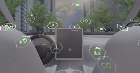 Futuristic Dashboard with Ecological Data Floating in Modern Car