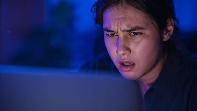 Woman concentrating on laptop during late-night neon-blue work session with intense focus