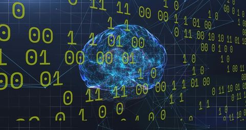 Glowing 3d brain emitting binary streams in futuristic neural network mesh