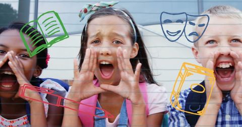 Diverse students yelling with educational illustration overlay