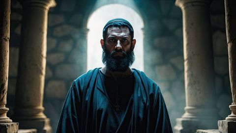 Bearded pharisee cleric in ancient chapel archway with cross pendant