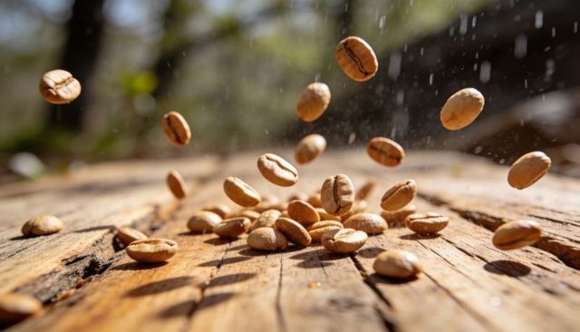 Falling light-roast coffee beans landing on weathered wood with sunlit dust and motion