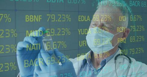 Medical Researcher Analyzing Vial Amidst Ticker Data