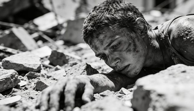 Struggling teen reaching through rubble in monochrome portrait conveying resilience and survival
