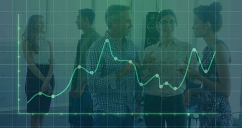 Collaborative business team with data overlay discussing strategy