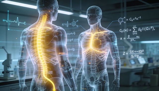 Visualizing digital anatomy with glowing spinal cord and cardiac network in futuristic lab