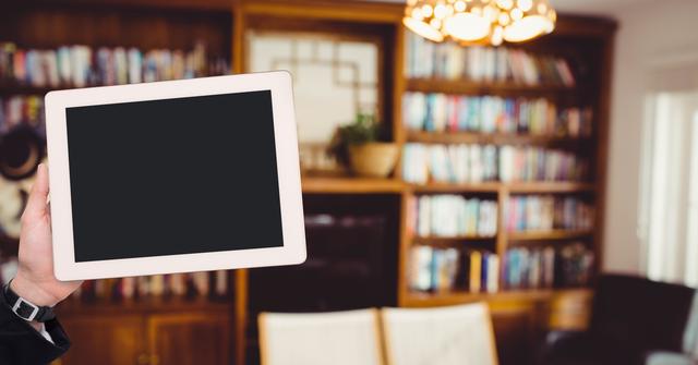 Digital composite of Cropped image of hand holding digital tablet with blank screen against bookshelf