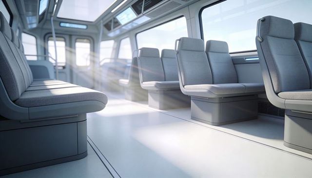 Sunlit empty commuter train interior with modern gray padded seats and skylights