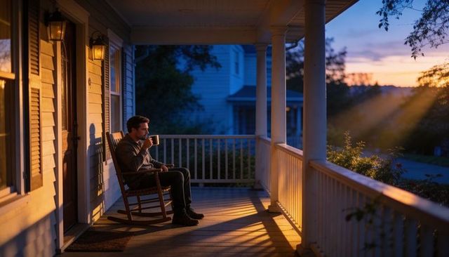 Man sitting on porch rocking chair sipping coffee at dusk with warm lantern light