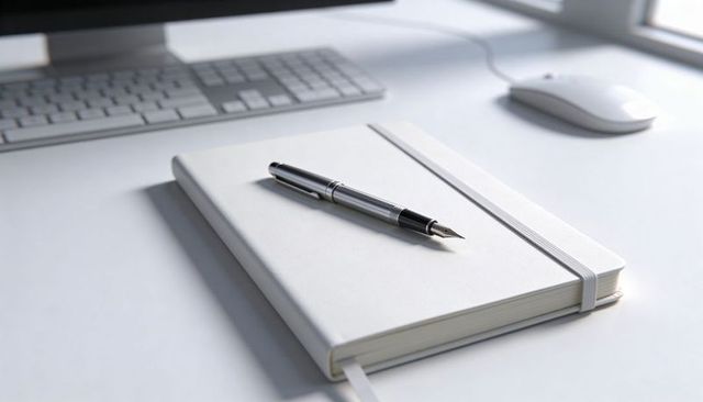 White hardcover notebook with fountain pen on bright desk for modern office and journaling