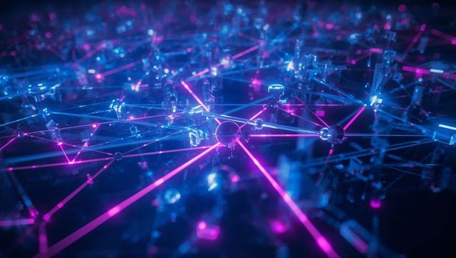 Neon Glowing Network with Central Node in Digital Space