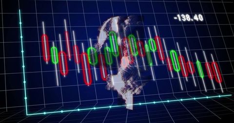Digital Candlestick Chart with Wireframe Globe in Modern Analytics Visualization - Download Free Stock Images Pikwizard.com