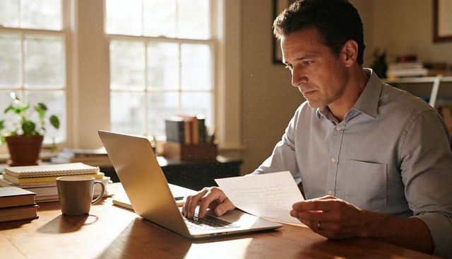 Focused man working from home office holding document typing on laptop at sunny desk