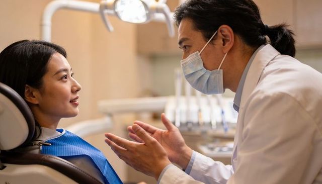 Dental consultation with masked dentist explaining treatment to relaxed patient in clinic