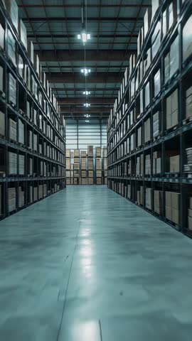 Sweeping Down Warehouse Aisle Advancing Through Racking Revealing Pallet Storage Vertical