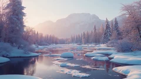 Scenic Winter Dawn Over Partially Frozen River in Snowy Valley