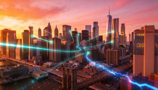 Neon Data Streams Lighting New York Skyline at Sunset, Futuristic Smart City Network