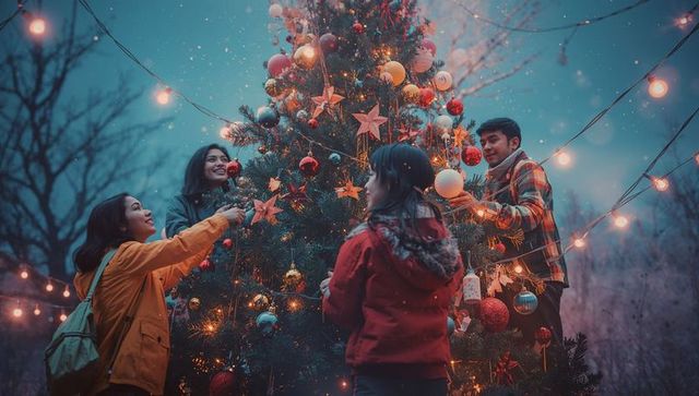 Friends Decorating Christmas Tree in Winter Wonderland