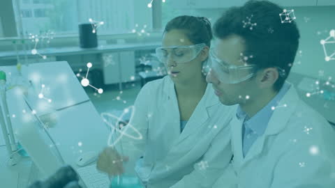 Young Scientists Analyzing Data with Futuristic Graphics Overlay