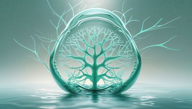 Translucent Droplet with Teal Tree Over Reflective Water
