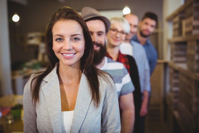 Portrait of confident young businesswoman with colleagues standing in row at creative office