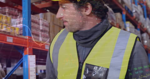Worker in Warehouse with Digital Graph Overlay Illustrating Logistics Technology