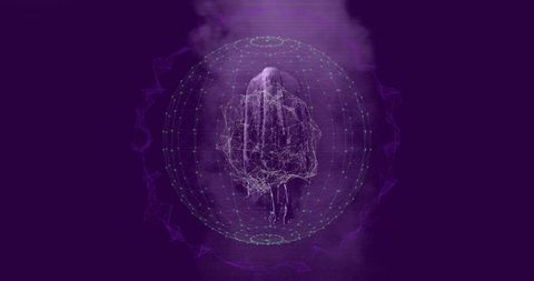 Futuristic wireframe humanoid inside virtual sphere on purple glowing background