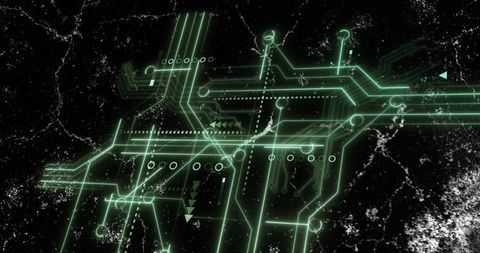 Neon green circuit network over black marble texture glowing tech grid nodes paths intersections