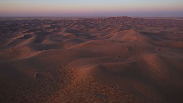 Aerial sand dunes stretching under pastel sunrise light from drone over vast desert